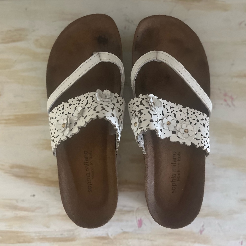 White Floral Leather Sandals for Women